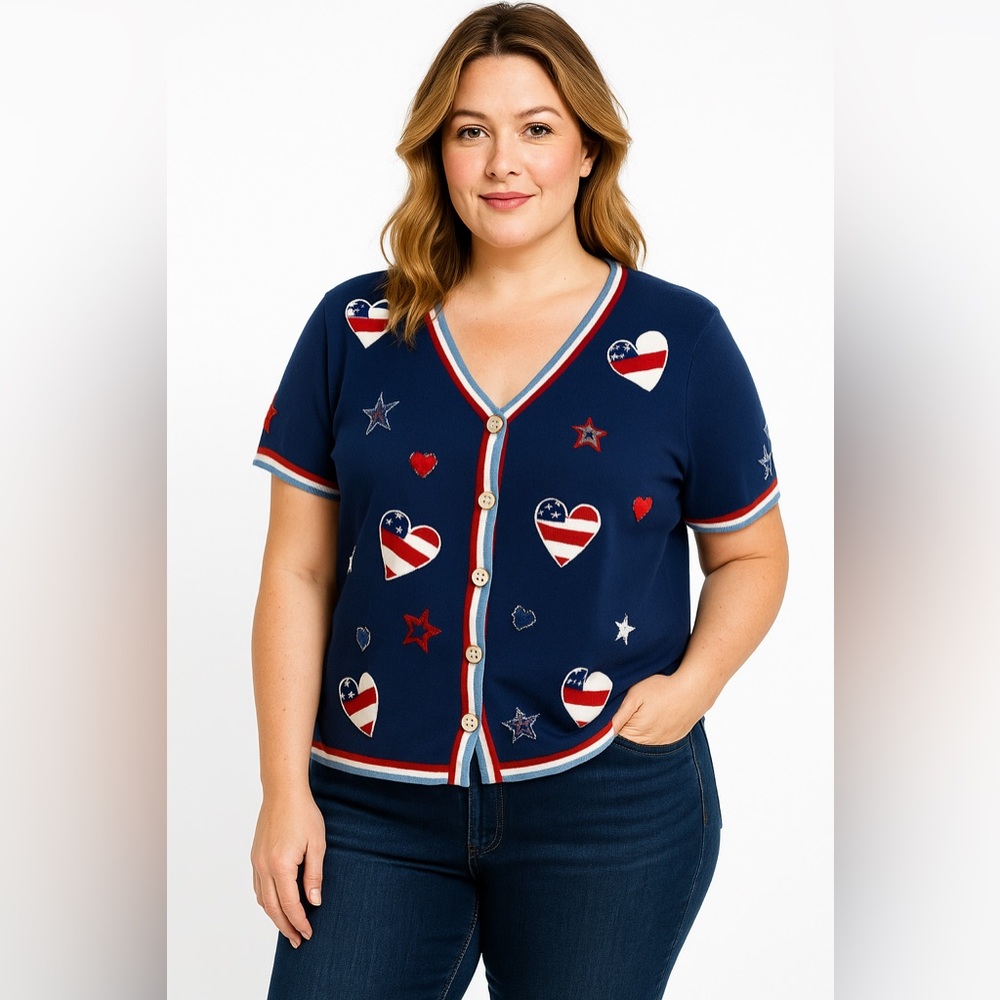Storybook Knits‎ Patriotic Heart Star Button Front Cardigan Sweater Top Size 1X